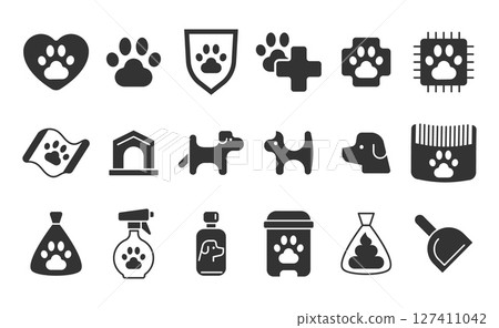 Black and white dog care icon set. Flat vector elements, clean design, perfect for pet services, veterinary, dog shelters. Simple, modern, easily adaptable. Black and white dog care icon set. Flat vector elements, clean design, perfect for pet services, veterinary, dog shelters. Simple, modern, easily adaptable. 127411042