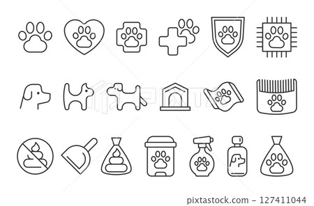 Modern line art icons illustrating pet care, safety, veterinary services, and responsible pet ownership. Usable for websites, apps, and marketing for animals. Modern line art icons illustrating pet care, safety, veterinary services, and responsible pet ownership. Usable for websites, apps, and marketing for animals. 127411044