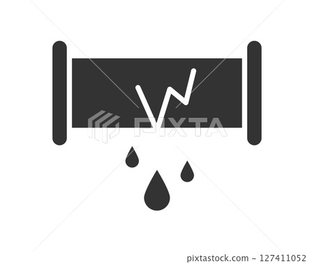 Cracked pipe vector icon with dripping liquid. Symbol of damage, maintenance, plumbing problems, or resource waste. Use for diagrams or infographics. 127411052