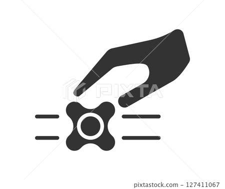 Hand turning a control knob, symbolic of adjustments, precision, or influence. Useful for themes of settings, regulation, machinery, and control. Minimalist style. 127411067