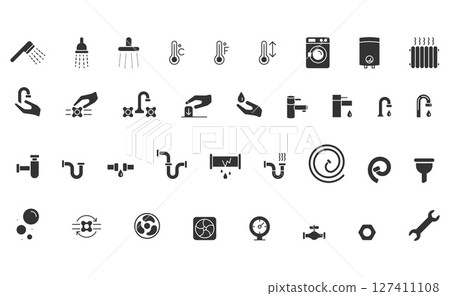 Collection of black and white plumbing icons including faucets, pipes, washing machine, wrench and radiator.  Ideal for website, app design, or infographics. 127411108