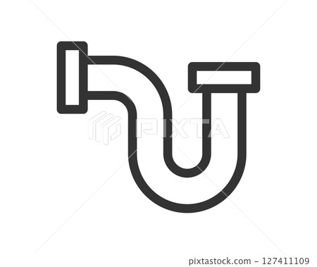 A minimal, bold line art illustration depicting a drainpipe or plumbing system element. Ideal for representing hygiene, repair, or home improvement concepts. 127411109