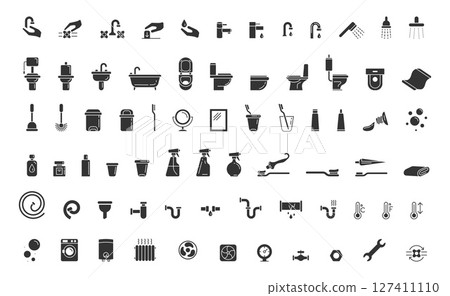 Collection of black  white bathroom, sanitary, and plumbing icons. Useful for web design, infographics, and architectural plans. Symbolizing hygiene and utilities. 127411110