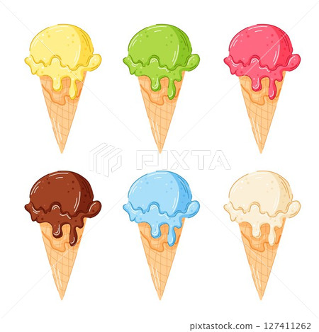 Ice cream cone collection in cartoon style. Gelato flavors vanilla, chocolate, lemon, mint, strawberry, lemon, mango summer flavor set. Ice cream cone collection in cartoon style. Gelato flavors vanilla, chocolate, lemon, mint, strawberry, lemon, mango summer flavor set. 127411262
