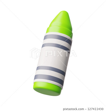 Wax crayon 3D plastic cartoon style vector icon, realistic green pencil, kids stationery for painting, drawing artwork Wax crayon 3D plastic cartoon style vector icon, realistic green pencil, kids stationery for painting, drawing artwork 127411430