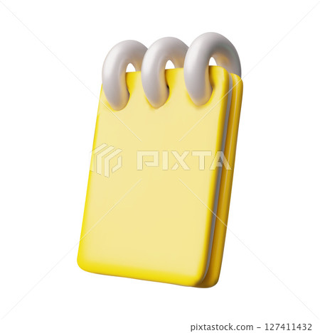 Yellow notepad on spiral spring 3D cartoon plastic style vector illustration, notebook school stationery office supplies 127411432