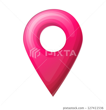 Vector illustration of a glossy red location pin with a blue stick, isolated on a white background. Concept for navigation, maps, GPS, geolocation, wayfinding, and travel. 127411536
