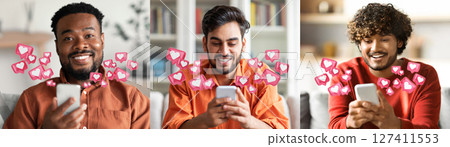 Three diverse men are smiling as they use their phones. They are all receiving likes on their social media posts, represented by floating hearts around them. 127411553