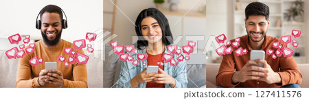 Three diverse individuals, each seated on a couch, use their smartphones and smile as virtual heart icons surround them. Illustrating the universality of modern technology and social media. Three diverse individuals, each seated on a couch, use their smartphones and smile as virtual heart icons surround them. Illustrating the universality of modern technology and social media. 127411576