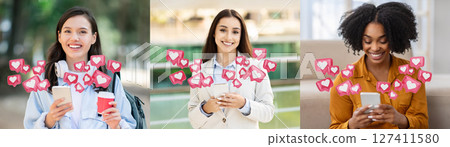 Three multiethnic women smiling and looking at their smartphones. Surrounding each of them are red heart icons representing digital likes, suggesting the enjoyment of positive online interaction. Three multiethnic women smiling and looking at their smartphones. Surrounding each of them are red heart icons representing digital likes, suggesting the enjoyment of positive online interaction. 127411580