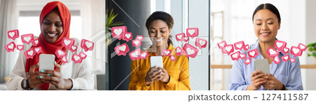 Three multiethnic women sitting in separate rooms, each looking at smartphone with a happy expression. Above them, various pink hearts are floating, representing likes or social media notifications. 127411587