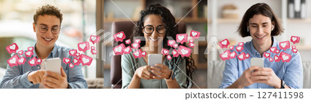 Three young adults seated in different locations and using their smartphones. They are all smiling and seem happy, and their screens are filled with digital hearts, receiving likes 127411598