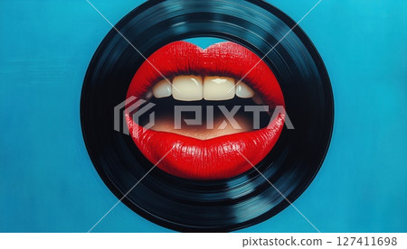 Female Mouth Singing On Vinyl Record In A Contemporary Art Collage Of Creativity And Surrealism Female Mouth Singing On Vinyl Record In A Contemporary Art Collage Of Creativity And Surrealism 127411698