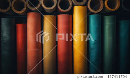 Various Rolls Of Genuine Leather Stored On A Rack In A Dark Workshop Various Rolls Of Genuine Leather Stored On A Rack In A Dark Workshop 127411704