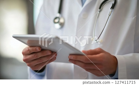 Doctor Using Digital Tablet For Health Information Management And Telemedicine With Electronic 127411715