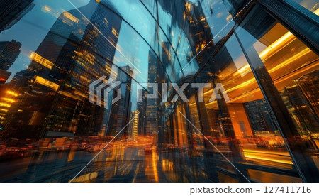 Luxurious Modern Buildings And Cityscape Captured In Double Exposure From A Low Angle 127411716