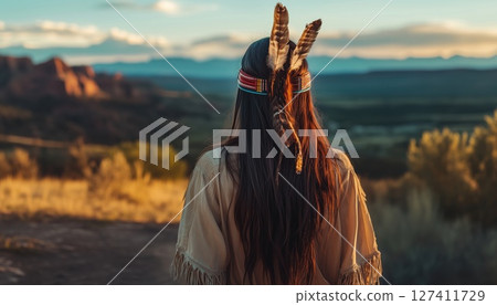 Native American Woman Walking In The Mountains At Dusk 127411729