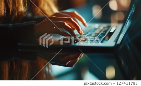 Business Woman Typing On Laptop With Tablet Reflection On Table 127411785