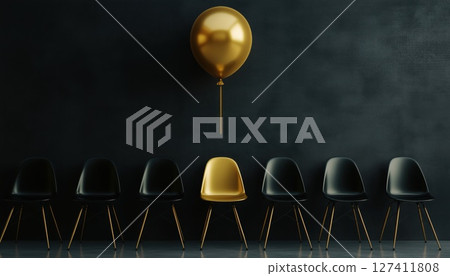 Black Chairs Aligned With A Gold Chair And Balloon 127411808