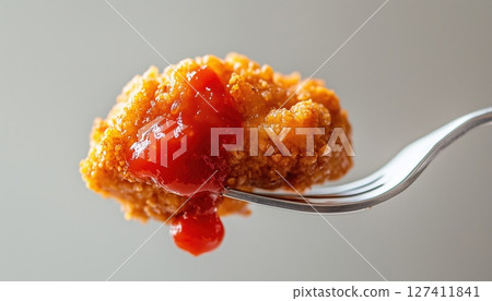 Crispy Fried Chicken With Tomato Sauce And Ketchup On A Fork 127411841