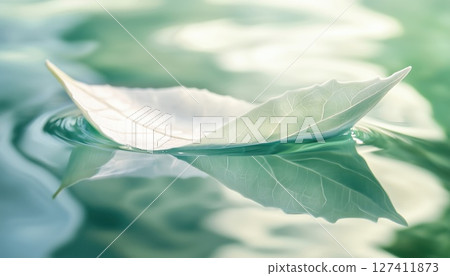 Abstract Image Of A Ship In Lake Water Reflected On Green Macro Surface 127411873