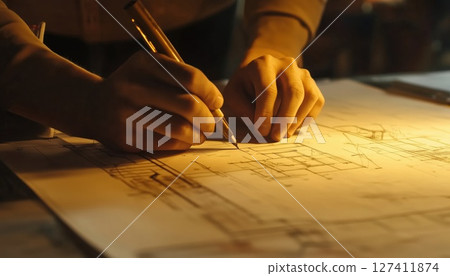 Architect Or Engineer Engaged In Building Blueprint Design 127411874