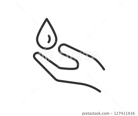 Minimalist icon of a hand receiving a falling drop. Symbolizes purity, cleansing, care, or donation. Ideal for hygiene, beauty, health, environmental projects. Minimalist icon of a hand receiving a falling drop. Symbolizes purity, cleansing, care, or donation. Ideal for hygiene, beauty, health, environmental projects. 127411916