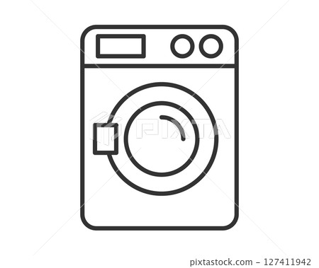 Clean line art of a washing machine. Modern, minimalist style. Perfect for laundry services, appliance stores, and home cleaning concepts. Symbol of domestic life, routine and technology. 127411942