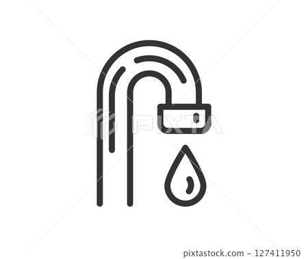 Clean minimalist line art icon of a dripping faucet. Symbolizes resources, conservation, plumbing, and utilities. Useful for app design, infographics, and presentations. Clean minimalist line art icon of a dripping faucet. Symbolizes resources, conservation, plumbing, and utilities. Useful for app design, infographics, and presentations. 127411950