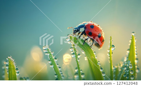 Dewy Morning Grass With Ladybug In Summer Spring 127412048