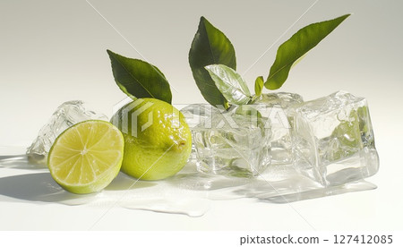 Refreshing Lime Drink Served With Ice Cubes On A White Background 127412085