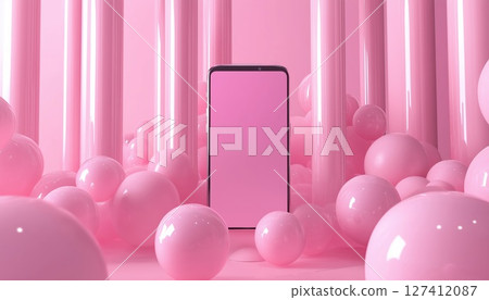 Smartphone Fashion House Encircled By Colorful Spheres On A Pink Background In A Visually Appealing 127412087
