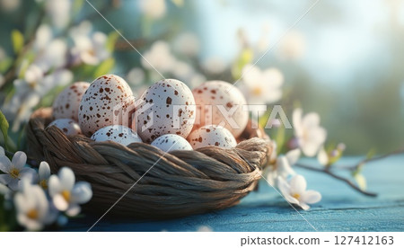 Spring Flowers And Colorful Eggs In A Basket 127412163