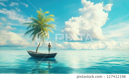 Young Man And Palm Tree On Boat In Ocean 127412196
