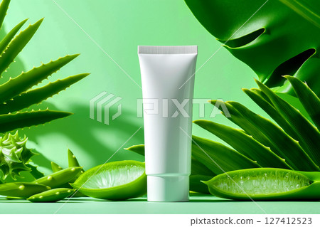 A tube of aloe vera cream next to a green background 127412523