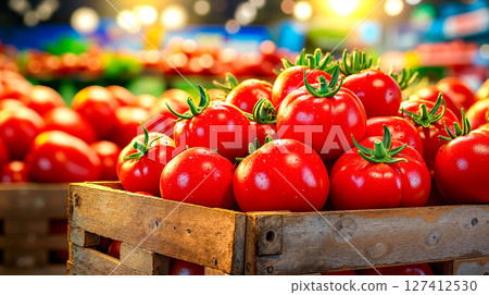 A wooden crate full of tomatoes in a grocery store 127412530