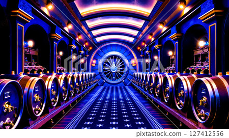 A long row of wine barrels lined up in a casino 127412556