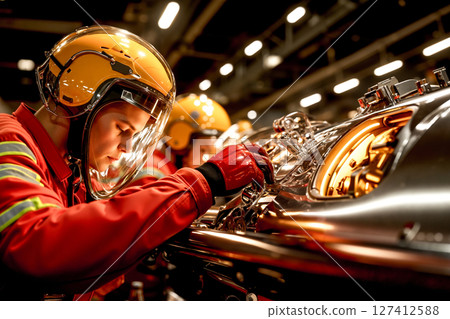 A man in a helmet working on a car engine 127412588