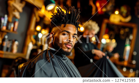 A man sitting in a barber chair in a hair salon A man sitting in a barber chair in a hair salon 127412595
