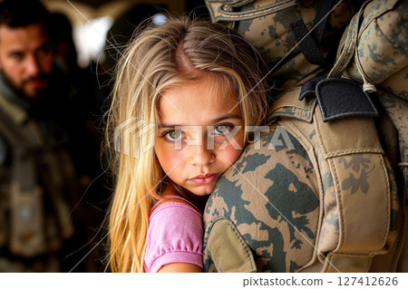 A little girl is hugging a soldier's back 127412626