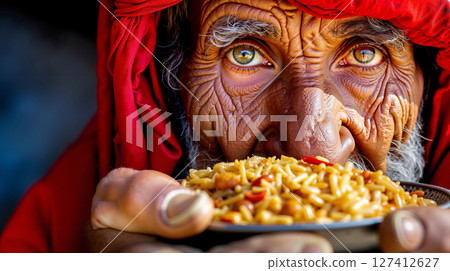 An old man eating a plate of food 127412627