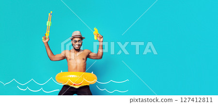 Summer vacation concept. Happy african american guy in swimwear and inflatable ring jumping with water guns like floating in water, drawn waves and flippers Summer vacation concept. Happy african american guy in swimwear and inflatable ring jumping with water guns like floating in water, drawn waves and flippers 127412811
