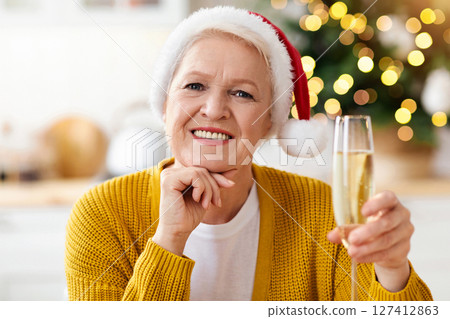 Attractive senior lady in Santa hat having video call, holding glass of champagne and smiling, screenshot of laptop with video chat, old woman celebrating Christmas or New year during quarantine Attractive senior lady in Santa hat having video call, holding glass of champagne and smiling, screenshot of laptop with video chat, old woman celebrating Christmas or New year during quarantine 127412863