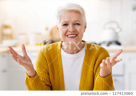 Monitor pov of smiling mature woman having online party with her family from home, sitting at cozy kitchen. Cheerful elderly grey-haired lady in telecommunicative application or software frame 127413060