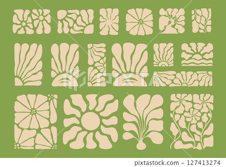 Abstract Botanical Shapes and Sunny Organic Elements. Groovy Eco Vector Design Set for Kitchen Wall Art and Natural Branding Abstract Botanical Shapes and Sunny Organic Elements. Groovy Eco Vector Design Set for Kitchen Wall Art and Natural Branding 127413274
