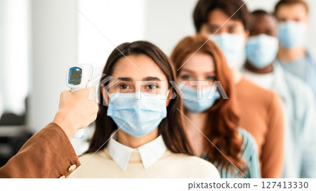 Woman Doing Temperature Screening Measuring Fever For Diverse People Standing In Queue, Using Infrared Contactless Themometer Indoors. Coronavirus, Covid-19 Pandemic Outbreak Concept 127413330