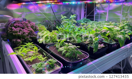 A close-up view of an indoor garden with a variety of plants growing under LED lights. 127413435