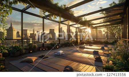 A yoga studio with mats laid out on a wooden floor, overlooking a city skyline at sunset. The studio is enclosed in a glass structure with a pergola overhead, surrounded by lush greenery. A yoga studio with mats laid out on a wooden floor, overlooking a city skyline at sunset. The studio is enclosed in a glass structure with a pergola overhead, surrounded by lush greenery. 127413556