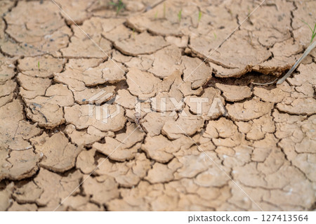 Drought impact soil cracks agriculture fields dry environment close-up view environmental awareness 127413564