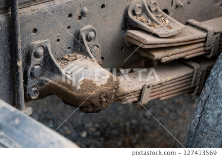 Industrial workshop macro heavy-duty truck suspension system close-up Industrial workshop macro heavy-duty truck suspension system close-up 127413569